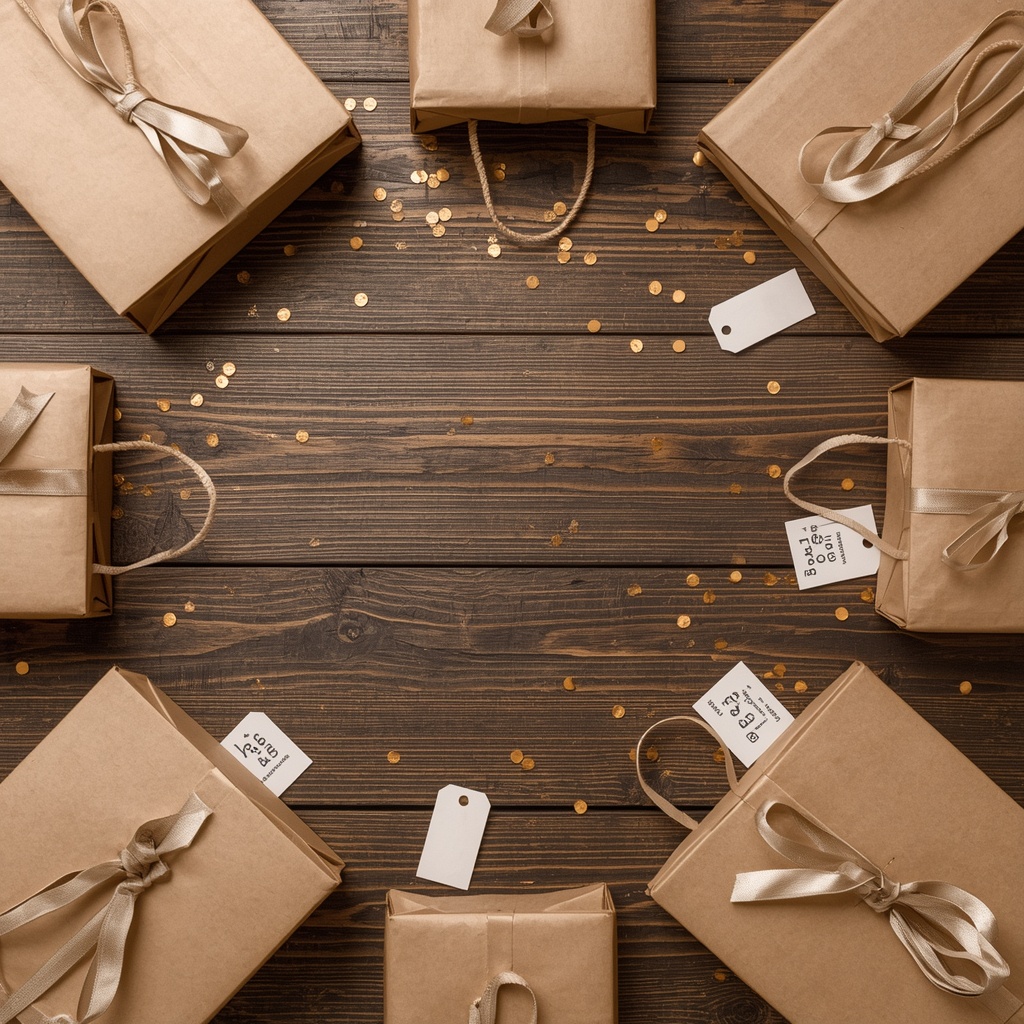 A flat lay of shopping bags, discount tags, and gift boxes arranged on a wooden table with golden confetti
